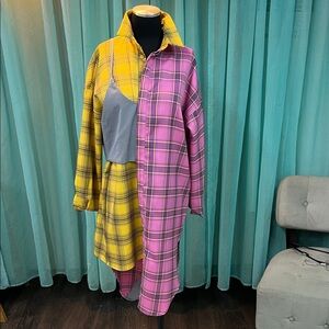 AKIRA Asymmetrical Yellow and Pink Plaid Dress